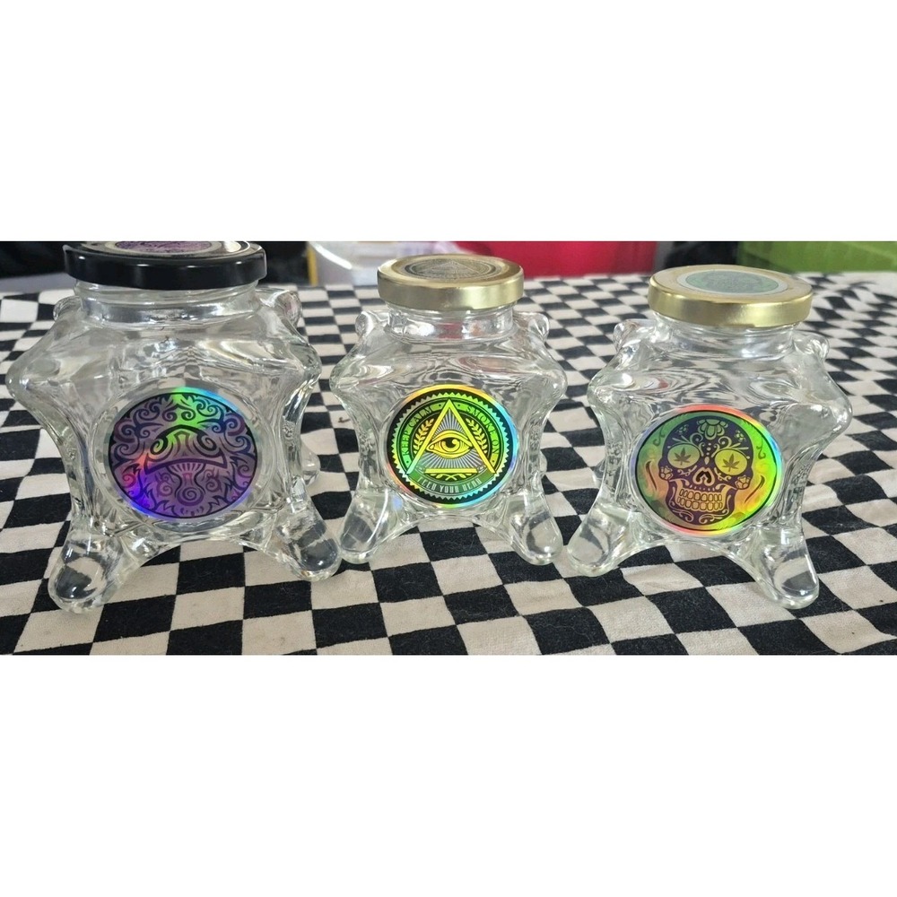 Psychedelic Glass‎ Stash Jars Lot of 3 | Holographic Skull Eye Trippy